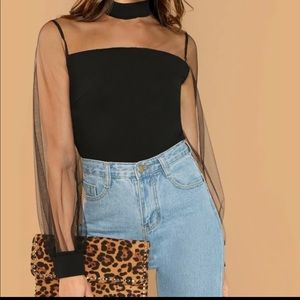 Mock neck sheer blouse